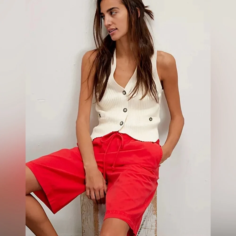 Free People Saylor Poplin Pull-on Shorts Women Bermudas Large Vibrant Red